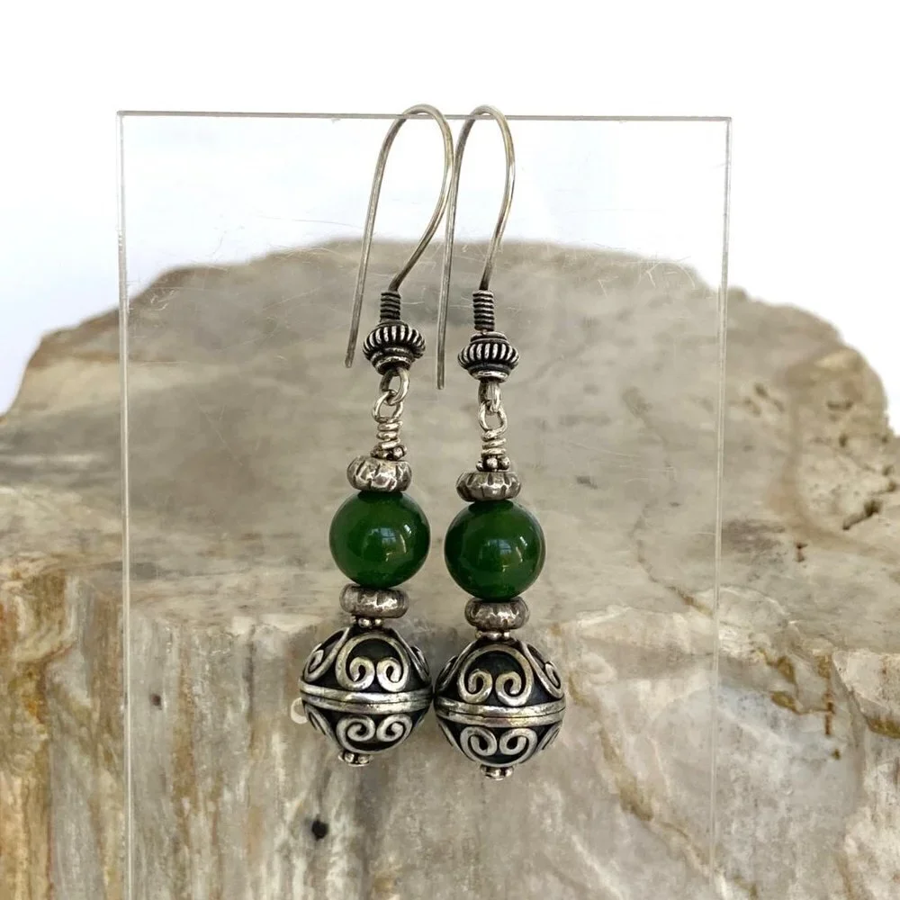 Sterling Silver 925 Round Beaded Nephrite Oxidized Scrollwork Dangle Earrings